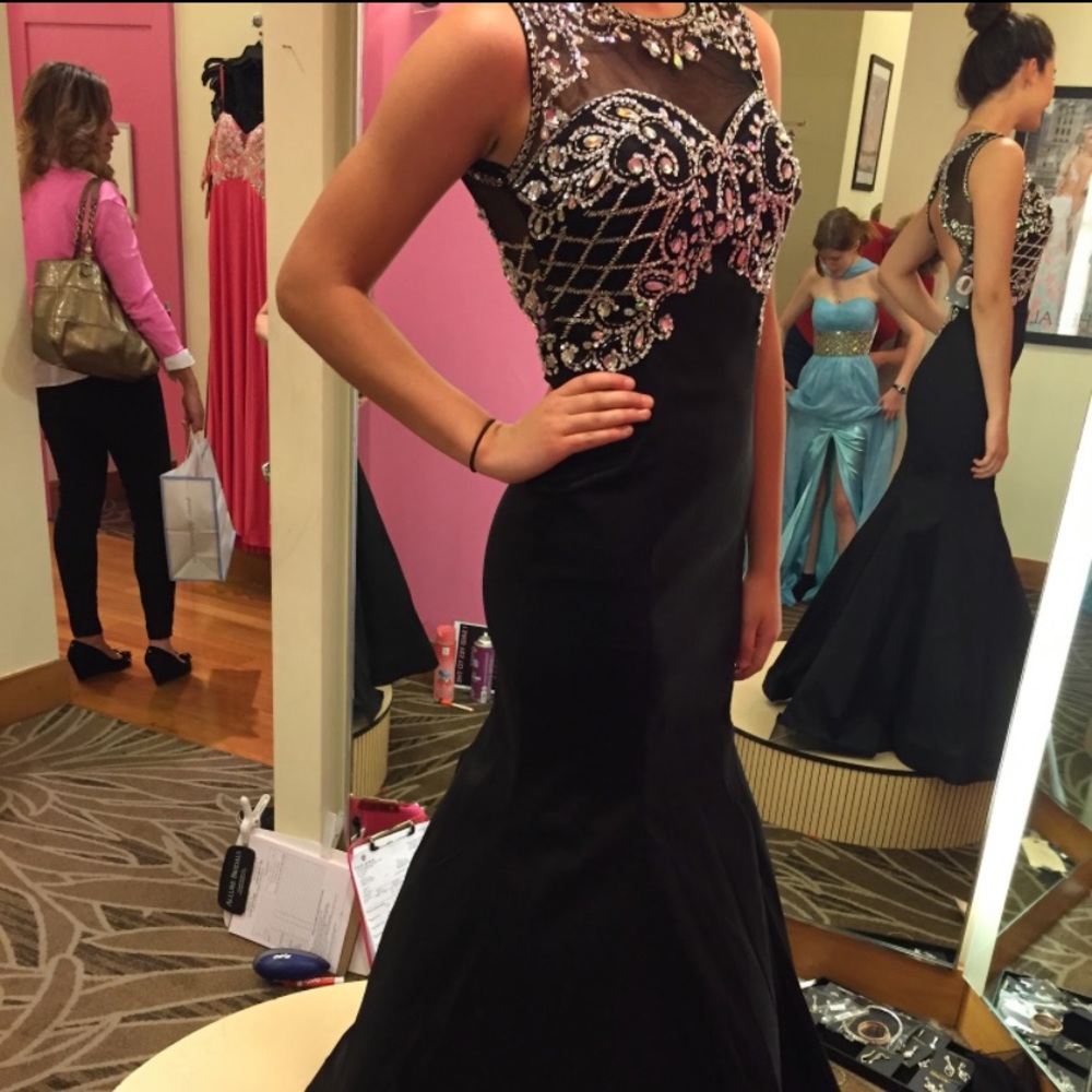 Black beaded fit and flare prom dress